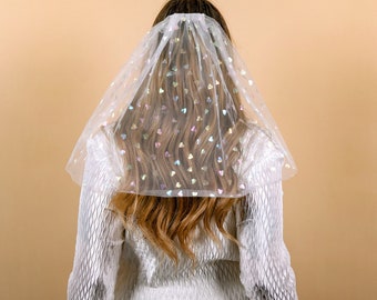 Hanna Roberts White Translucent Veil with Printed Iridescent Hearts