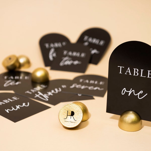 Set of 10 (1-10) Hanna Roberts Modern Table Number Black Card Stock Signs with Gold Stand for Wedding Reception, Restaurant, Event Party