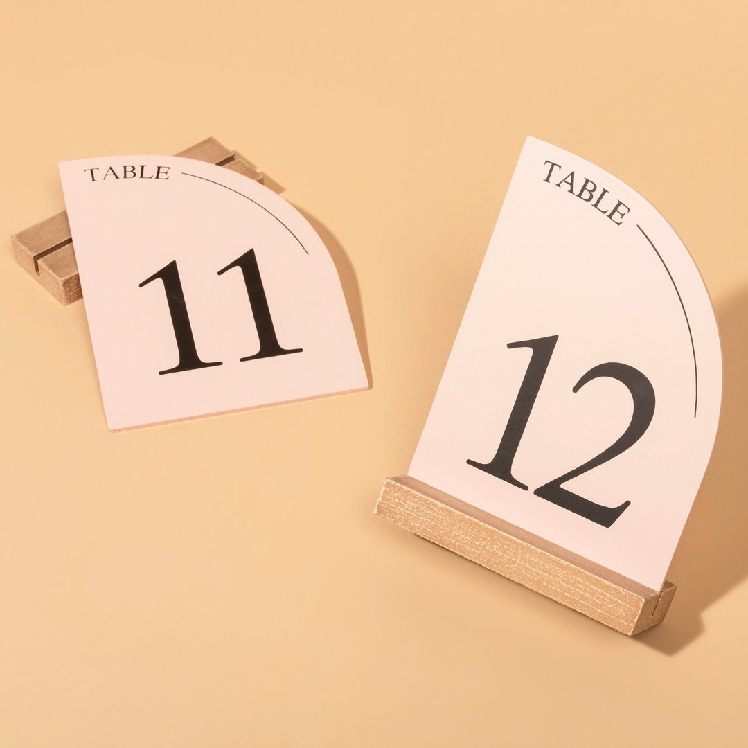 Minimal Curved Wooden Table Number Sign With Wooden Base, for Wedding