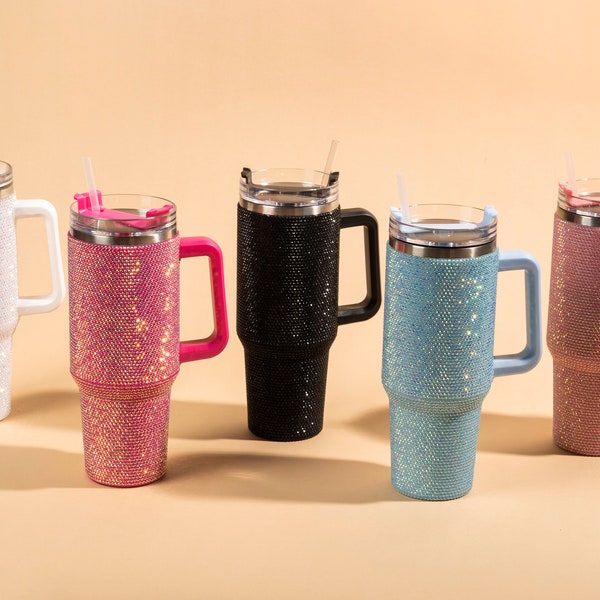 40oz Bedazzled Rhinestone Stanley inspired tumbler cup with straw and lid