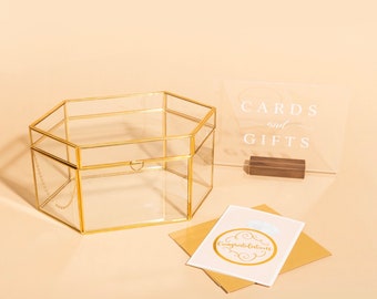 Card and Gift Holder Golden Brass Glass Cards Box for Weddings, Birthdays, Graduations, Baby and Bridal Showers