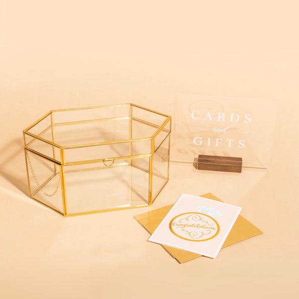 Card and Gift Holder Golden Brass Glass Cards Box for Weddings, Birthdays, Graduations, Baby and Bridal Showers