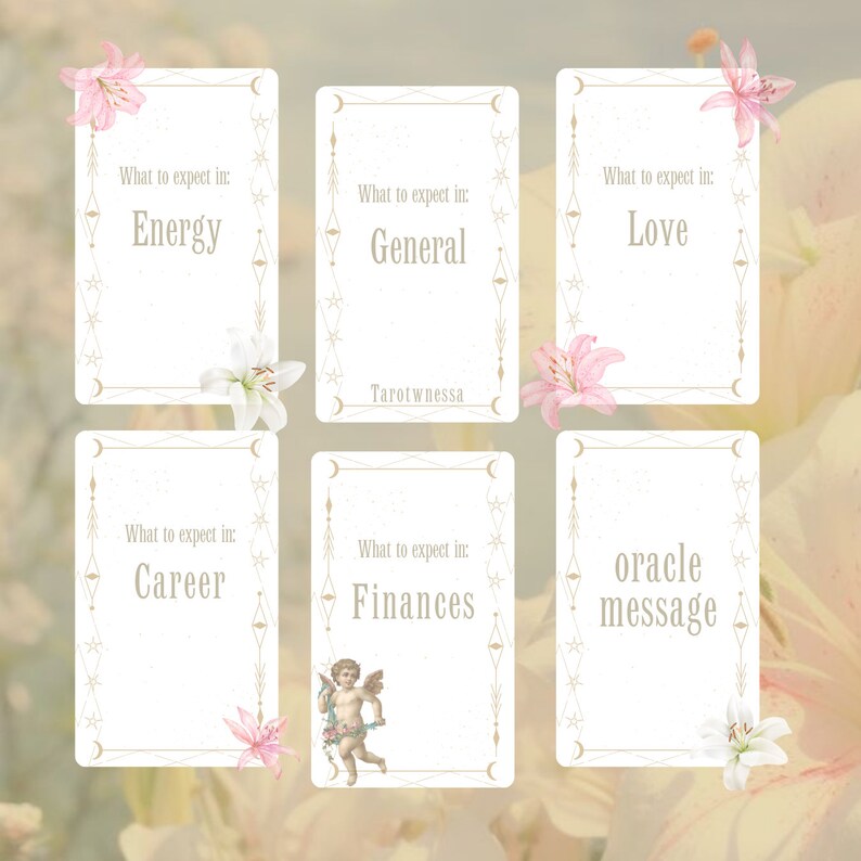 Pu&ograve; includere: Cinque carte bianche con bordi dorati e dettagli floreali. Ogni carta ha il testo "What to expect in:" seguito da una categoria: Energia, Generale, Amore, Carriera, Finanze. L'ultima carta ha il testo "oracle message".