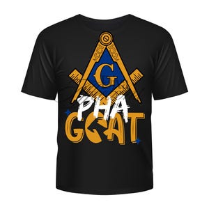 May include: Black t-shirt featuring a Masonic symbol in gold and blue, with the text "PHA GOAT" in white and gold. The design includes a square and compass, a common symbol in Freemasonry.