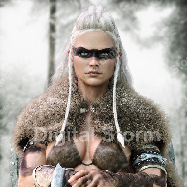 Fierce Viking warrior female portrait posing with a bearded axe and wearing tribal paint markings with a snowing background