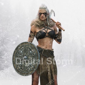 Portrait of a viking woman standing ready for battle with an axe and shield. Forest landscape background. 3d rendering. Digital Download