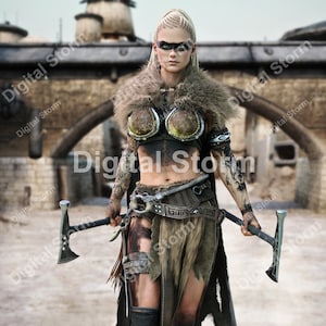 May include: A woman warrior with a fierce expression, wearing a fur-lined cloak, leather armor, and a belt with intricate designs. She holds two axes in her hands, ready for battle.