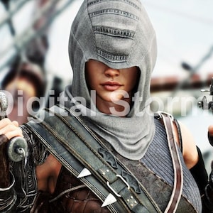 May include: A woman wearing a grey hooded scarf holds two antique-style pistols in each hand. She is wearing a brown leather vest with straps and buckles.