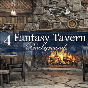 Op de afbeelding: Een digitale afbeelding met vier fantasy-taverne-achtergronden. De scène toont een stenen open haard met vuur, houten tafels en stoelen en decoratieve elementen zoals bijlen en mokken. De tekst "4 Fantasy Tavern Backgrounds" wordt weergegeven.
