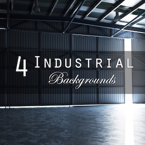 Könnte beinhalten: Ein großer Industriehangar mit einem großen, geöffneten Metalltor, das ein helles Licht freigibt. Der Text "4 INDUSTRIAL Backgrounds" ist auf dem Tor zu sehen.