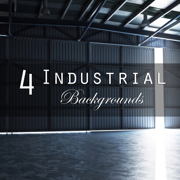 4 Industrial backgrounds of warehouses , hangar and garage backdrops .