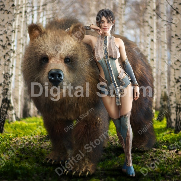 Portret van een fantasie elegante Druïde vrouw gewijd aan de natuur poseren met haar geliefde getemde huisdier bruine beer . 3d-weergave. Digitale download