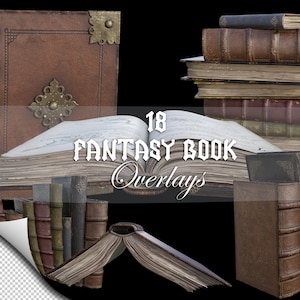 May include: 18 Fantasy Book Overlays, a collection of digital images featuring various antique-style books with leather covers, worn pages, and intricate details. These overlays can be used for digital art, graphic design, and scrapbooking.