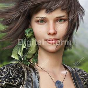 Portrait of a fantasy female and her mythical little dragon .3d rendering. Digital download
