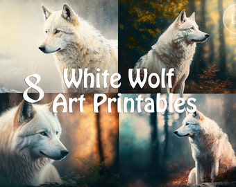 Set of 8 White wolf's in nature , home wall decor,printable art, web art