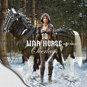 May include: A woman in a hooded cloak and armor stands next to a white horse with black markings. The horse is wearing armor and has wings. The text "10 WAR HORSE Overlays BLACK AND WHITE" is visible in the image.