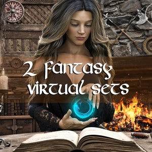 2 virtuella fantasy-set, förkomponerade scener, virtuella bakgrunder, medeltida rum