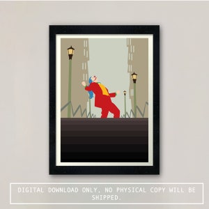 May include: A minimalist digital art print featuring a stylized illustration of the Joker from the movie "Joker" dancing in a city setting. The Joker is depicted in his signature red suit and green hair, with a bright red smile. The background is a simple cityscape with tall buildings and streetlights.