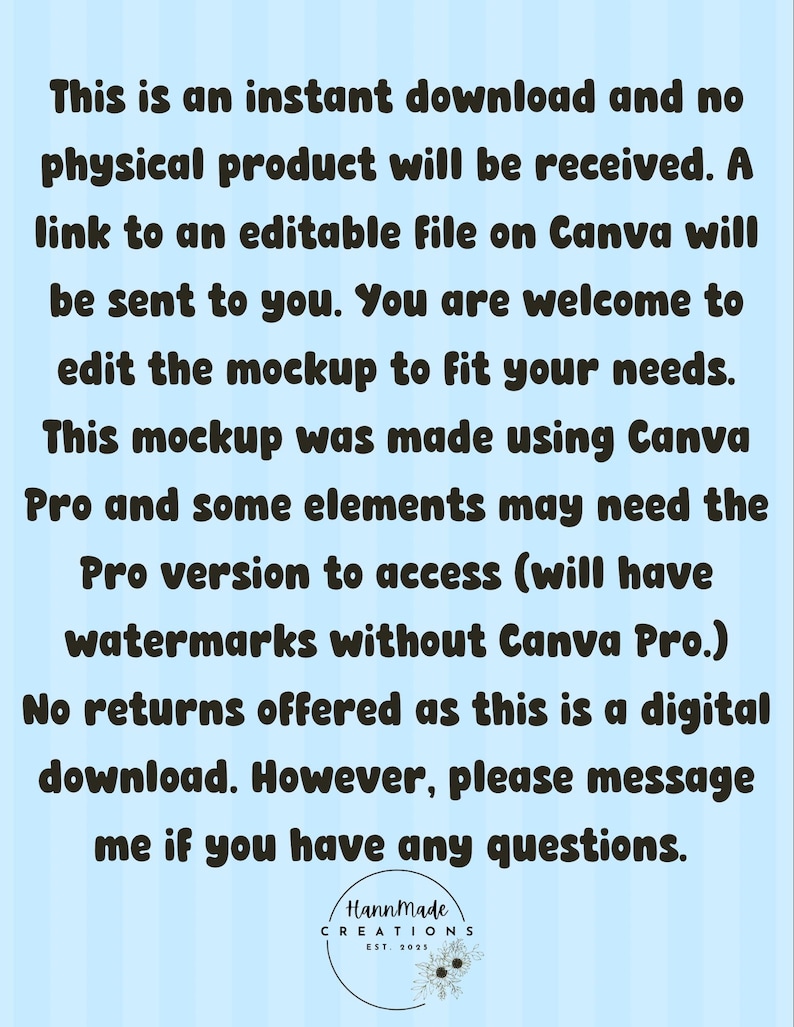 Pu&ograve; includere: Testo su sfondo azzurro che indica che si tratta di un download digitale immediato, non viene ricevuto alcun prodotto fisico. Viene fornito un link a un file Canva modificabile. Il mockup &egrave; stato realizzato con Canva Pro. Contatta il venditore per domande.