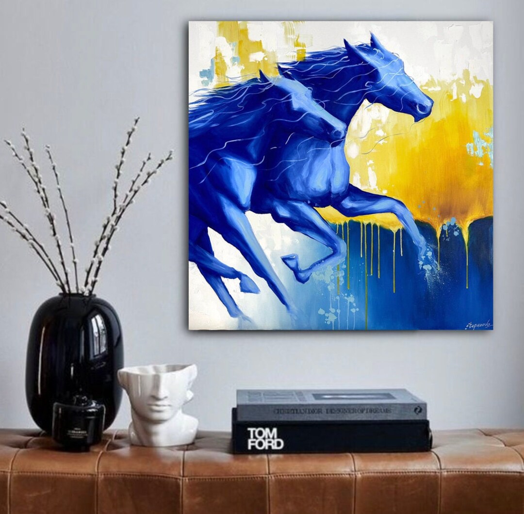 Running Horse Painting on Canvas Blue Wall Decor for Horse Etsy