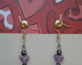 Purple Frosted Heart Gold Earrings