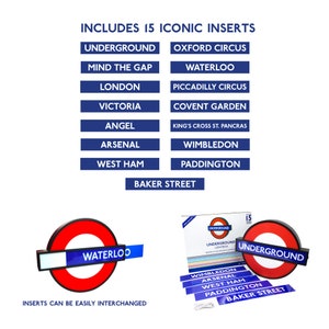 Peut inclure: Un &eacute;clairage de m&eacute;tro londonien rouge et blanc avec un insert "WATERLOO" bleu et blanc. Le luminaire est entour&eacute; de 15 autres inserts avec des noms de stations de m&eacute;tro londoniennes, notamment "Oxford Circus", "Piccadilly Circus" et "Covent Garden".