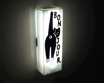 Bonjour Cat LED Lightbox Fridge Magnet | French Bistro | Motion Sensor USB Rechargeable Night Light | Minimalist Graphic Decor | 3D Printed