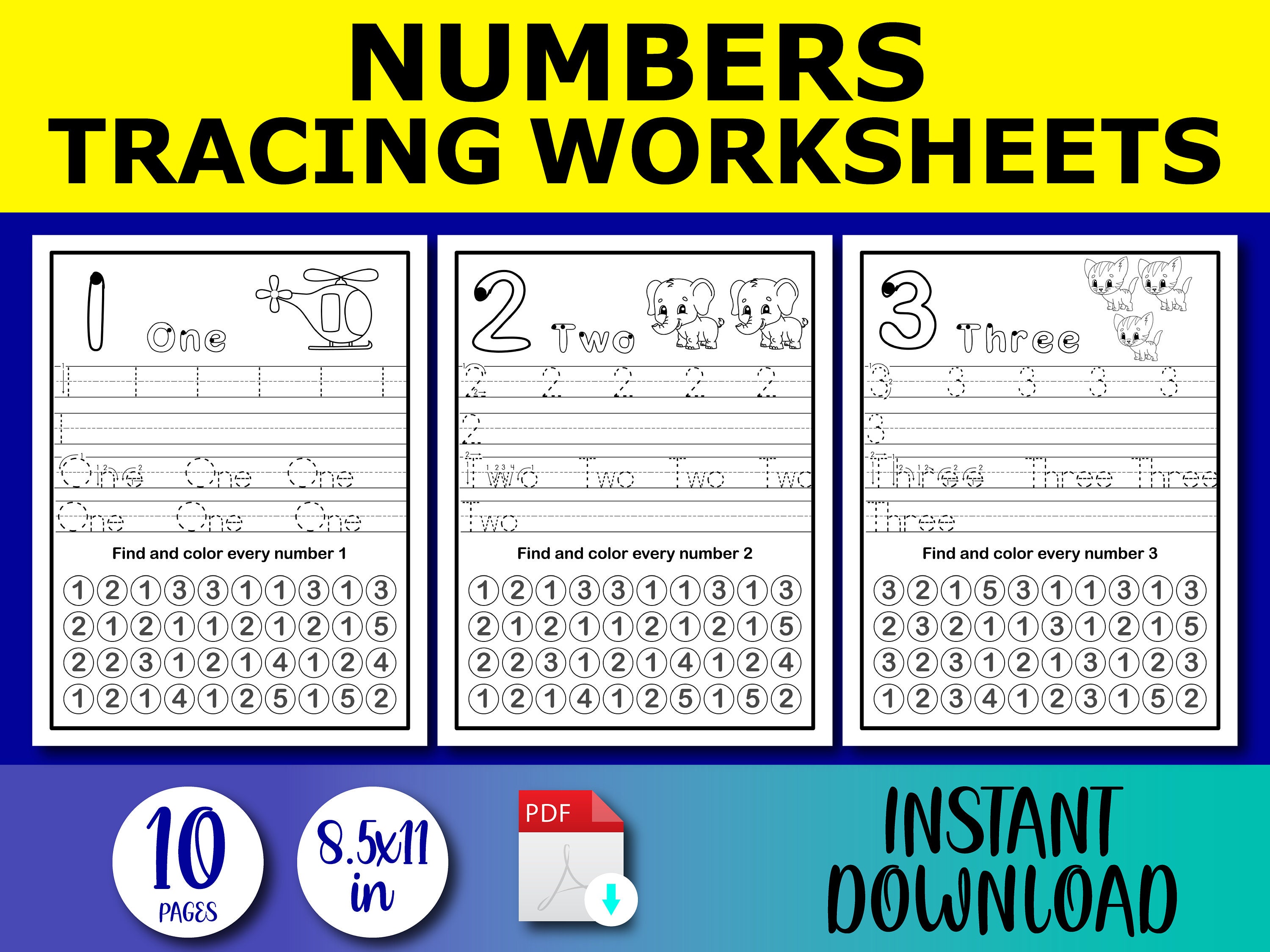 numbers tracing worksheets printable learning to write etsy