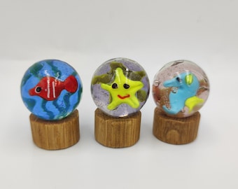 Beautiful 16mm & 22mm Handmade Collectors Art Decorative Under the Sea Marble on Handmade Oak Stand Gift/Present