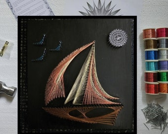 DIY String Art Nautical Sailboat Wall Art Kit, Faites votre propre 12 « x12 » Nautical Home Decor, Beach House Decor, Kit d’art pour adultes Cadeau de Noël