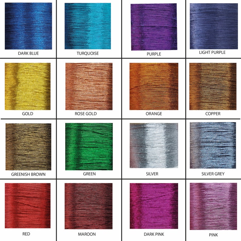 May include: A colour chart of 16 different embroidery floss colours, including dark blue, turquoise, purple, light purple, gold, rose gold, orange, copper, greenish brown, green, silver, silver grey, red, maroon, dark pink, and pink.