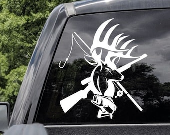 Buck Deer Rifle and Fishing Cross 2 Truck Car Decal, Buck and Deer Truck Decal, Fishing Decals, Hunting Truck Sticker, Hunting Fishing Gift