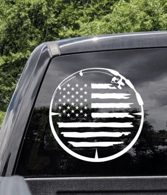 U.S. Flag With Fishing Pole Circle Truck Decal, Fishing Decal