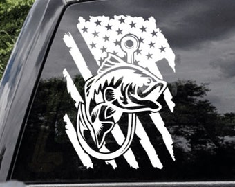 U.S. Flag With Bass Fish and Hook Truck Decal, Bass Fishing Truck Decal,  Fishing Decal for Boat, Fishing Sticker for Car, Fishing Gift 