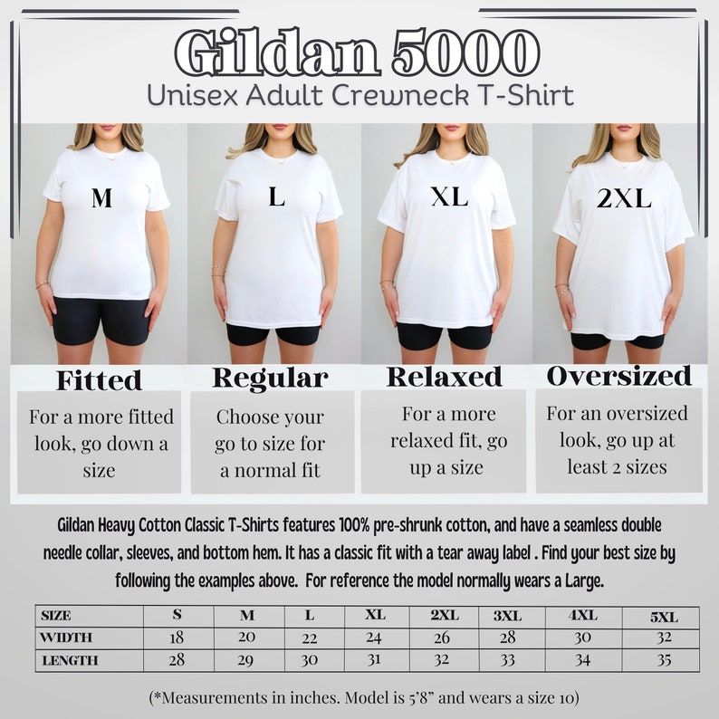 May include: A size chart for Gildan 5000 Unisex Adult Crewneck T-Shirts. The chart shows the different sizes available, from S to 5XL, and the corresponding width and length measurements in inches. The chart also includes a description of the fit for each size: Fitted, Regular, Relaxed, and Oversized.