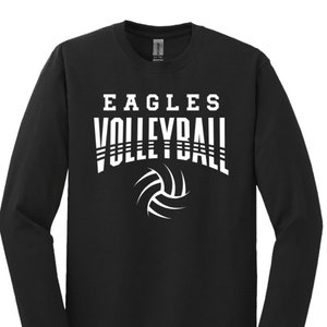 May include: Black long-sleeve t-shirt with white text that reads "Eagles Volleyball" and a white volleyball graphic.