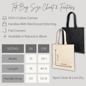 May include: A size chart for a tote bag made of 100% cotton canvas. The bag has reinforced stitching on the handles and flat corners. The bag is available in natural or black and measures 15 inches wide, 16 inches long, and has a 20 inch handle drop.