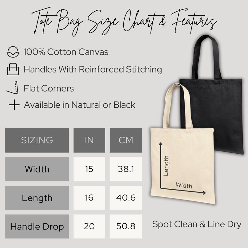 May include: A size chart for a tote bag made of 100% cotton canvas. The bag has reinforced stitching on the handles and flat corners. The bag is available in natural or black and measures 15 inches wide, 16 inches long, and has a 20 inch handle drop.