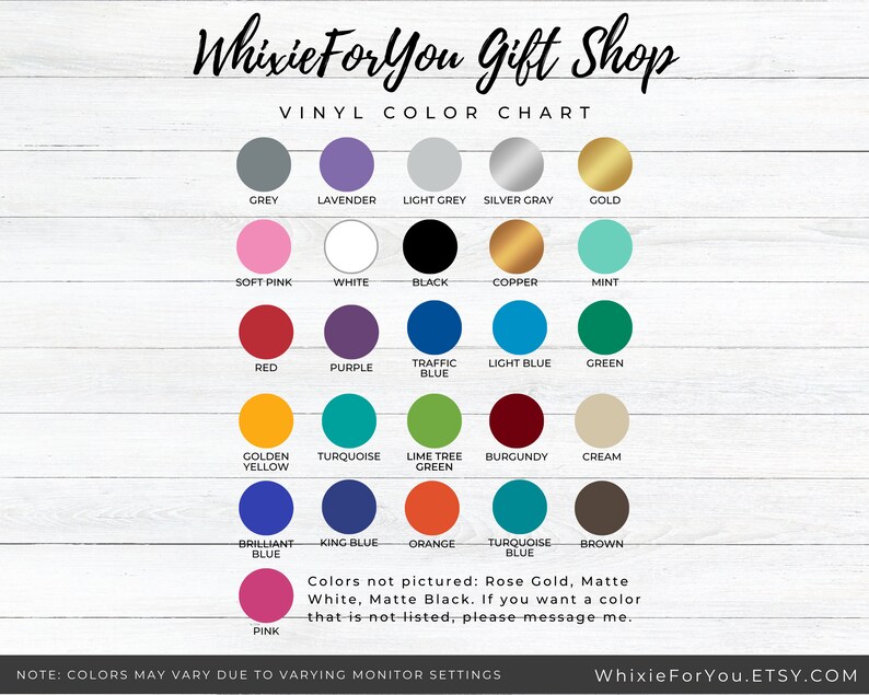 May include: A vinyl color chart from WhixieForYou Gift Shop featuring a grid of 26 circular color swatches including grey, lavender, light grey, silver gray, gold, soft pink, white, black, copper, mint, red, purple, traffic blue, light blue, green, golden yellow, turquoise, lime tree green, burgundy, cream, brilliant blue, king blue, orange, turquoise blue, brown, and pink.