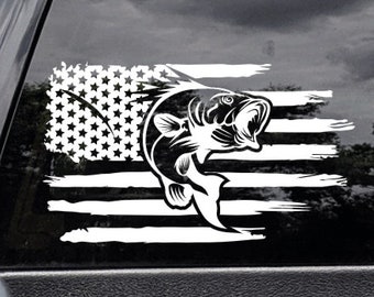 U.S. Flag Straight With Bass Fish Truck Decal, Fishing Gifts for Her, Fishing Gifts for Him, Bass Fishing Stickers, American Flag Stickers