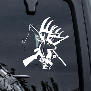 Buck Deer Rifle and Fishing Cross 2 Truck Car Decal, Buck and Deer Truck Decal, Fishing Decals, Hunting Truck Sticker, Hunting Fishing Gift