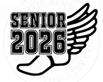 May include: Black and white graphic design featuring the text "SENIOR 2026" in bold, outlined letters. The design incorporates a wing and a foot, suggesting themes of achievement and graduation. The overall design is clean and modern.