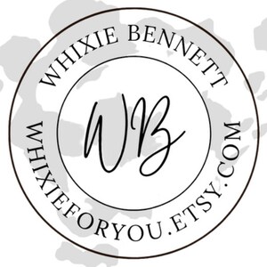 May include: A circular logo featuring a dark brown outline on a light gray background with irregular white shapes. The text WHIXIE BENNETT and WHIXIEFORYOU.ETSY.COM curves along the inner border, while the stylized black initials WB sit in the center.