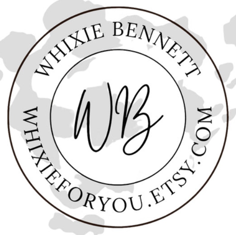 May include: A circular logo featuring a dark brown outline on a light gray background with irregular white shapes. The text WHIXIE BENNETT and WHIXIEFORYOU.ETSY.COM curves along the inner border, while the stylized black initials WB sit in the center.