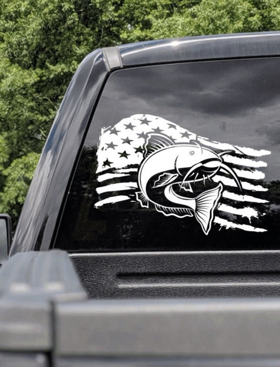 U.S. Flag With Catfish Truck Decal, American Flag Fishing Truck