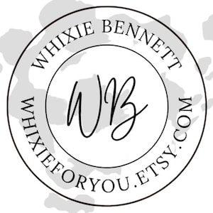 May include: A black and white logo with the text "WHIXIE BENNETT WHIXIEFORYOU.ETSY.COM" surrounding the initials "WB" in a circle.