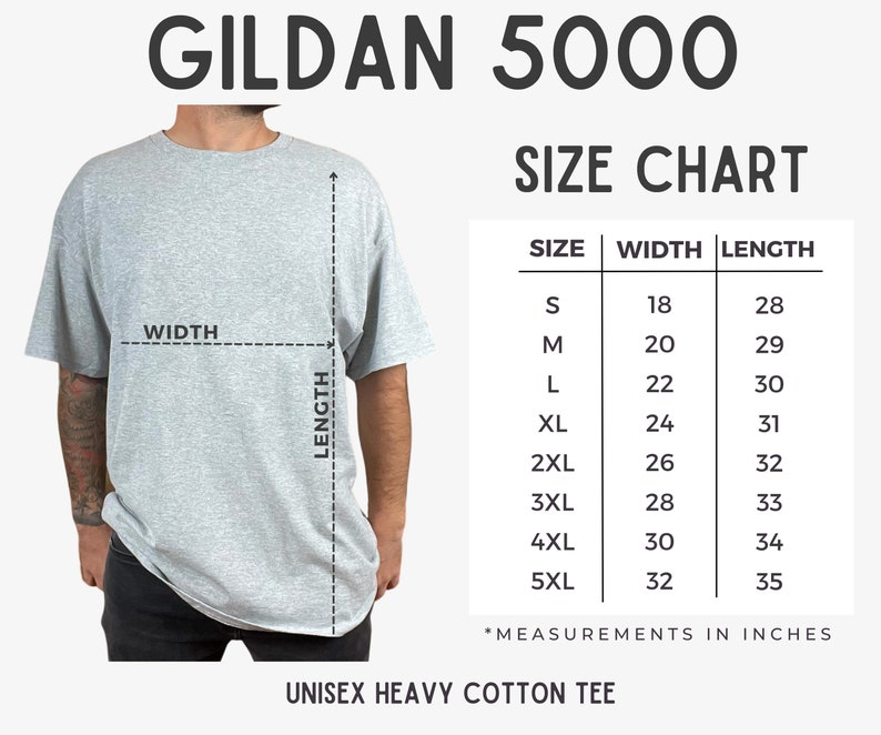 Może przedstawiać: Tabela rozmiar&oacute;w dla unisexowych koszulek z ciężkiego bawełnianego materiału Gildan 5000. Tabela pokazuje rozmiary od S do 5XL z odpowiadającymi im szerokością i długością w calach.