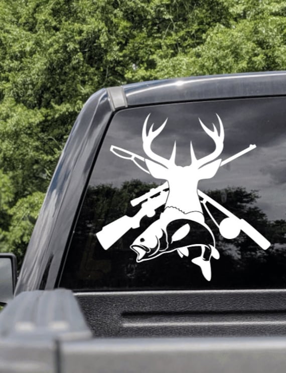 Buck Deer Rifle and Fishing Cross Decal, Hunting Decal, Hunting Sticker,  Buck and Deer Truck Decal, Fishing Decals, Hunting Truck Sticker 