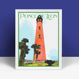 Florida Travel Poster, Vintage Style Print, Decor, Lighthouse, Wall Art, Travel, Vacation, Home, Souvenir, Ponce de Leon, Frame Not Included