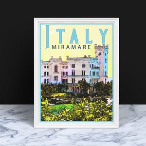 Italy Travel Poster, Vintage Style Print, Decor, Castle, Wall Art, Travel,Vacation, Home, Souvenir, Castillo di Miramare, Frame Not Included